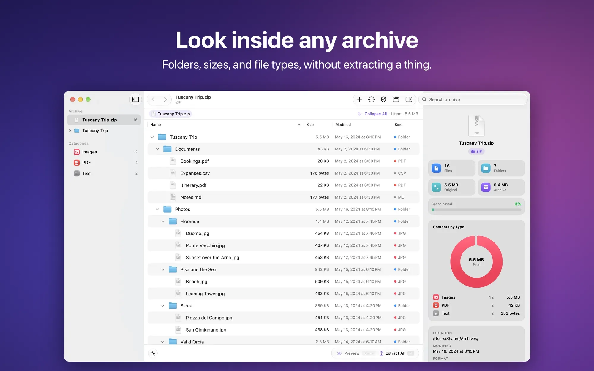 Dentro un archivio senza estrarlo: cartelle, dimensioni e tipi di file