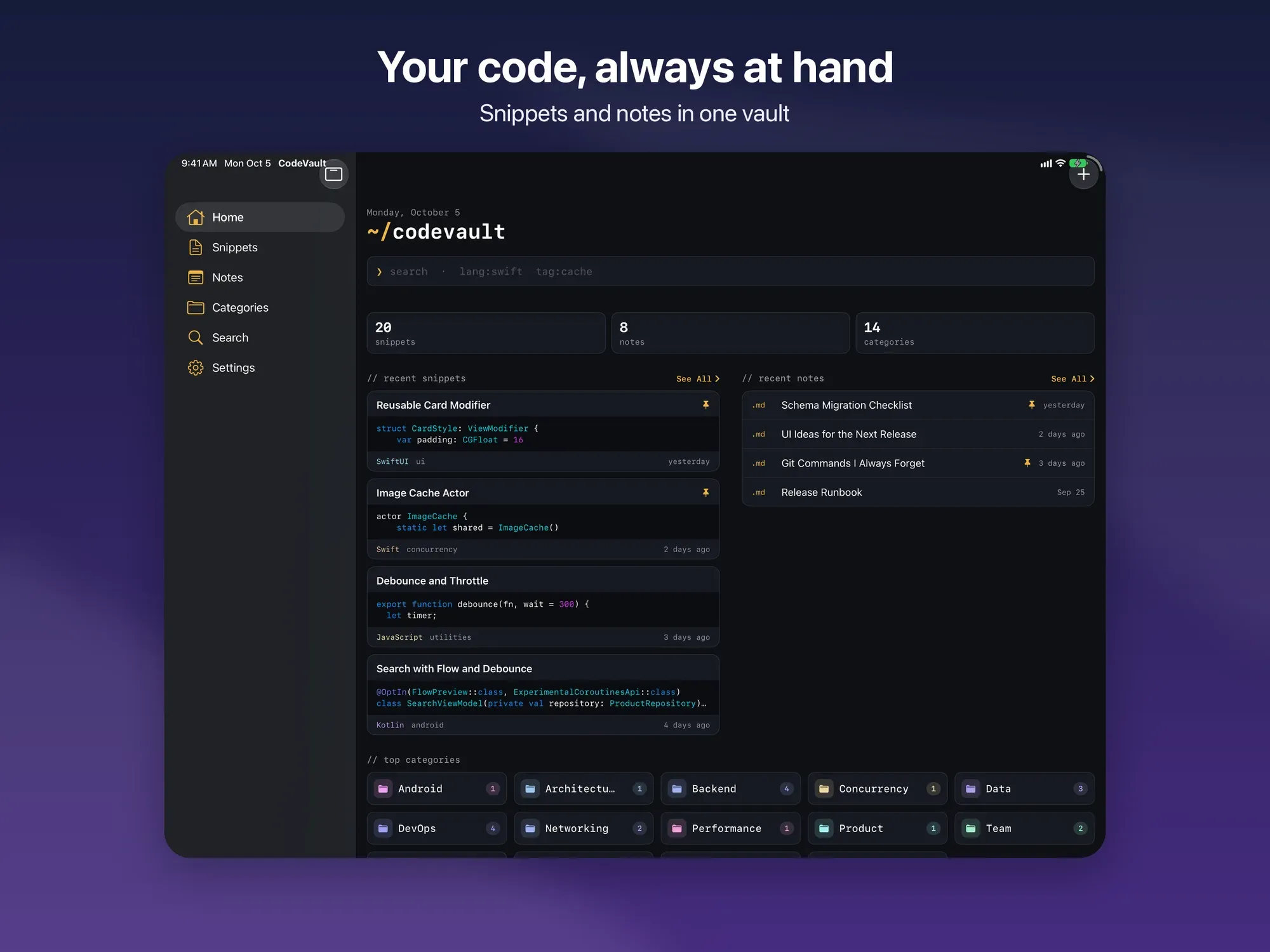 Home in stile Terminale, con snippet e note recenti
