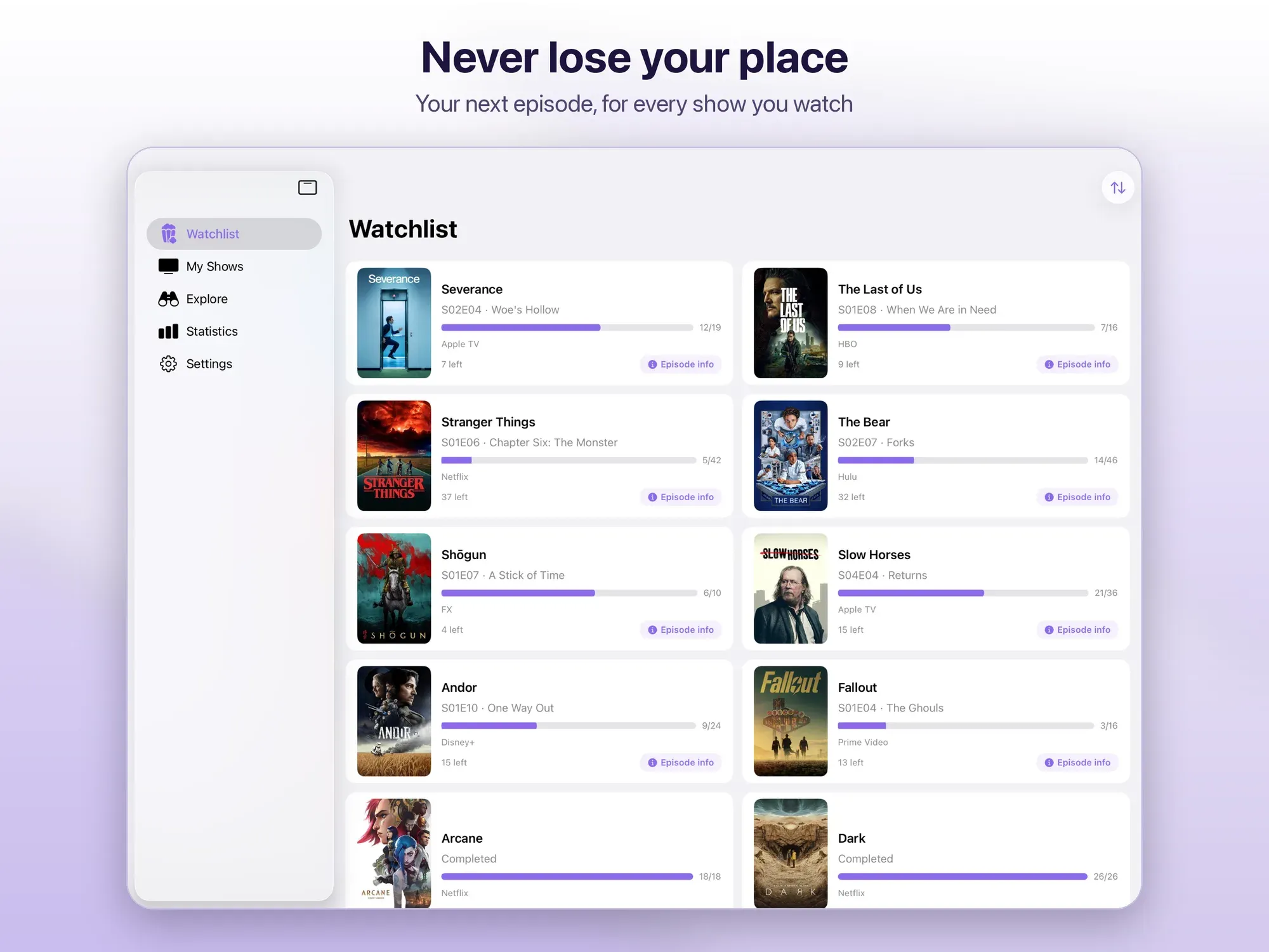 La watchlist con il prossimo episodio di ogni serie