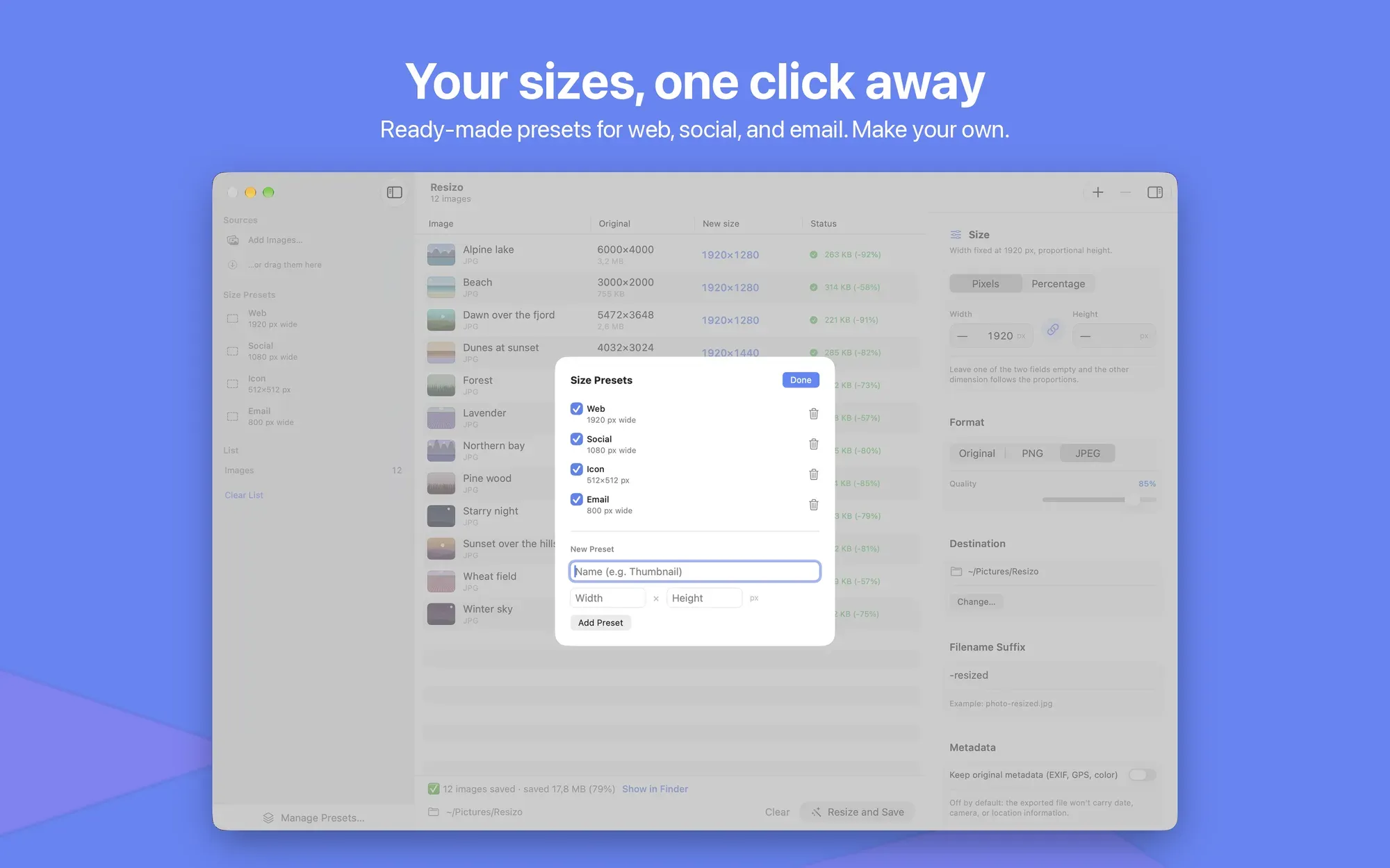 Gestione dei preset di dimensione: Web, Social, Email, Icona e i tuoi