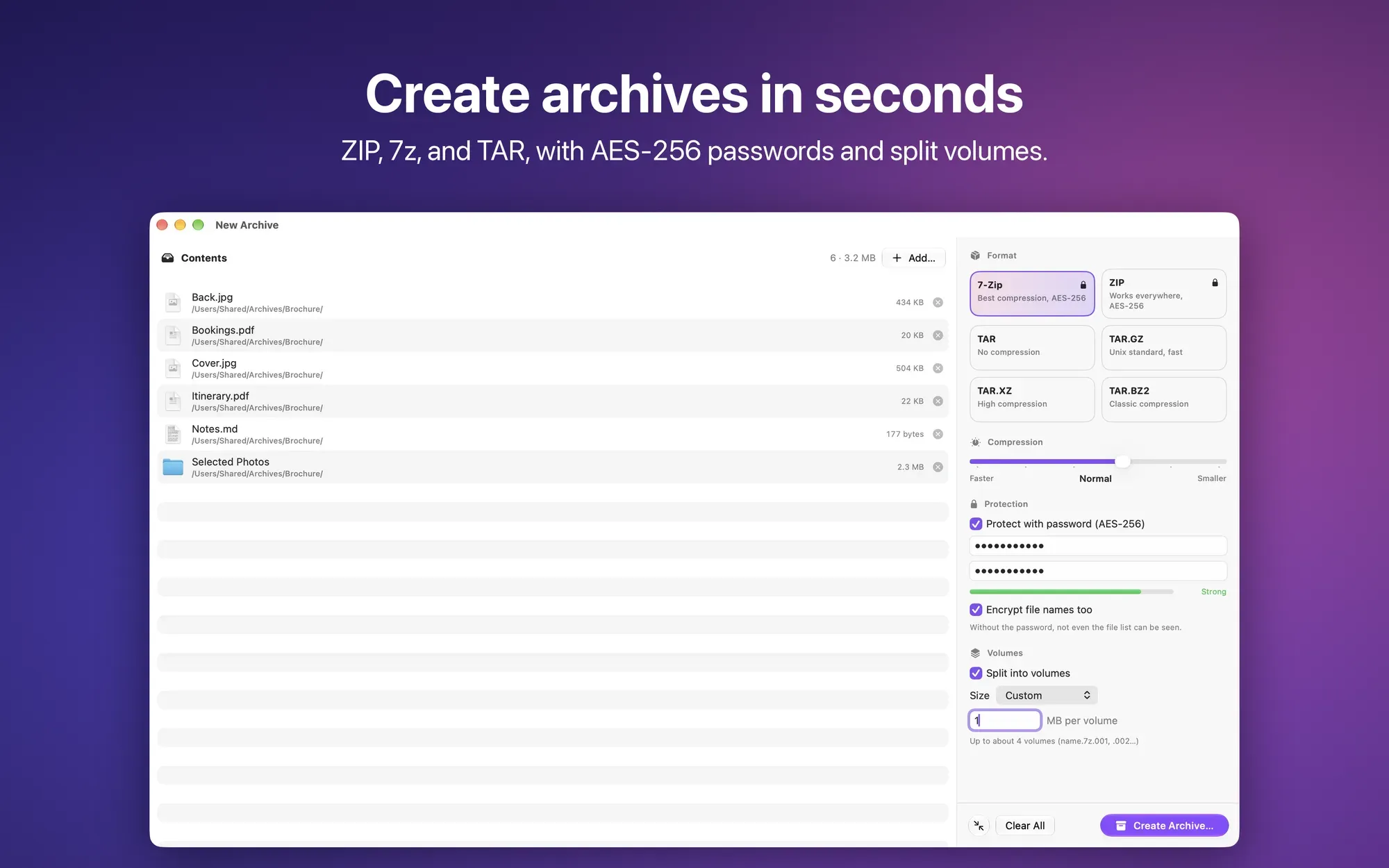 Creazione di un archivio con password AES-256 e volumi