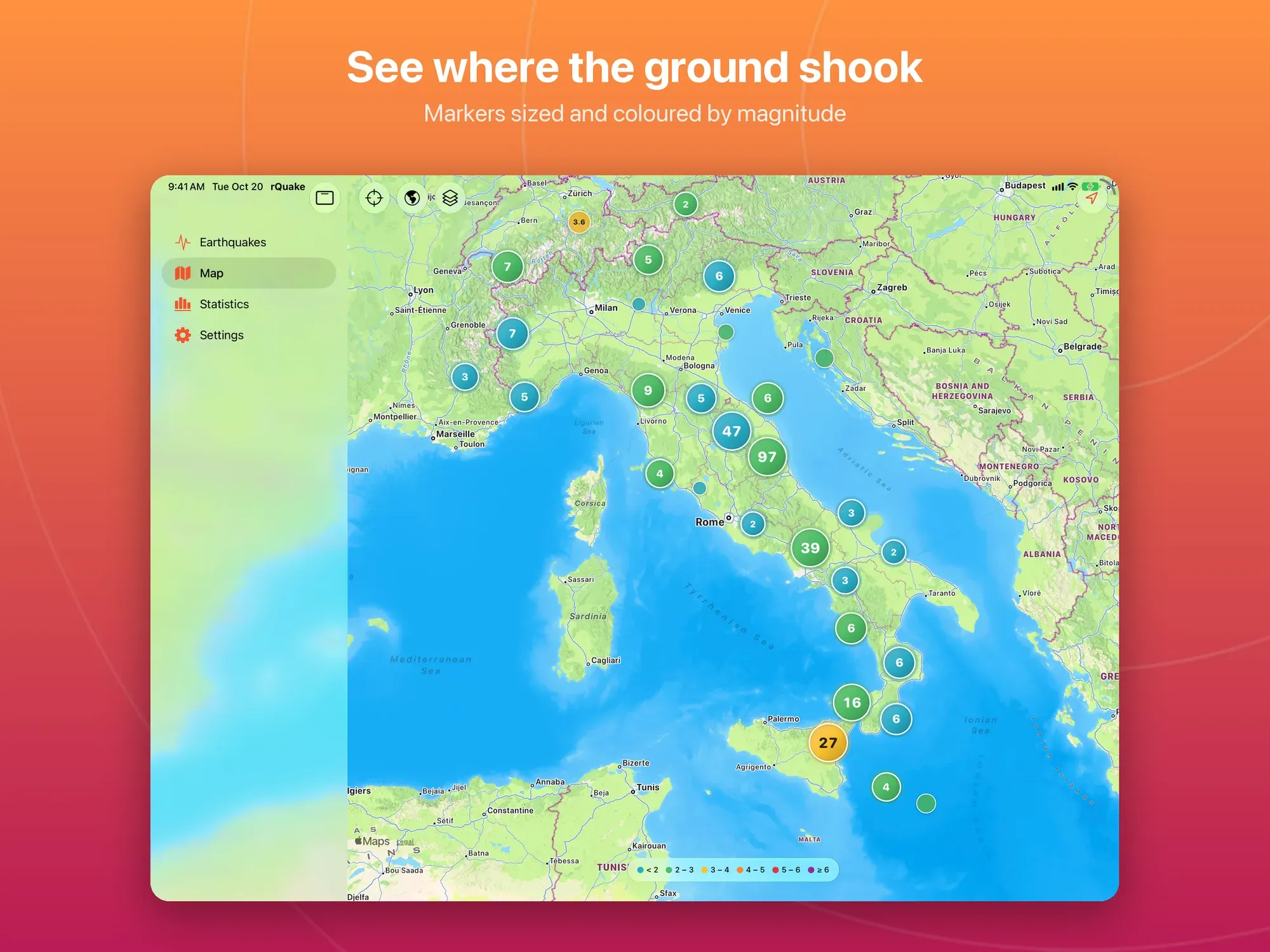 Mappa dell'Italia con gli epicentri colorati per magnitudo e raggruppati