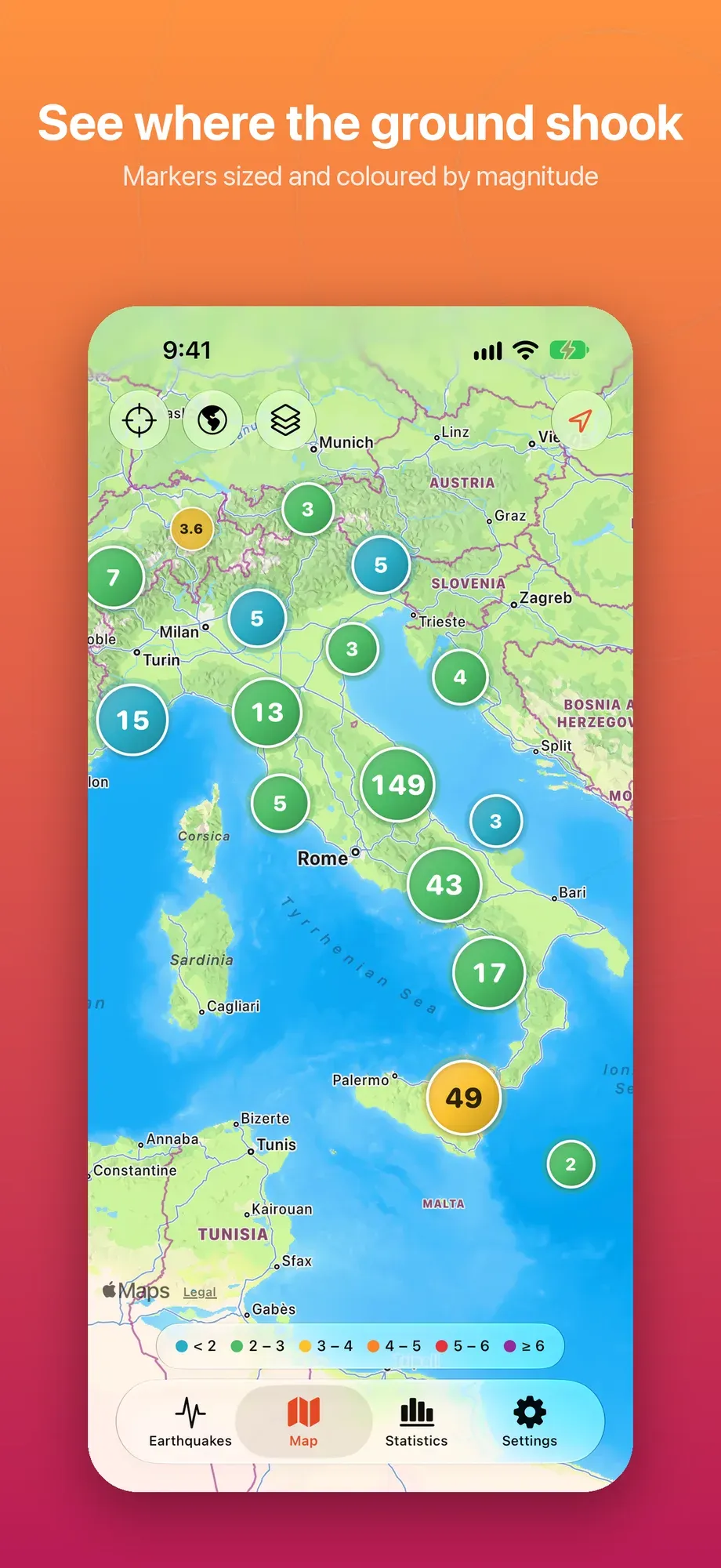 Mappa dell'Italia con gli epicentri colorati per magnitudo e raggruppati