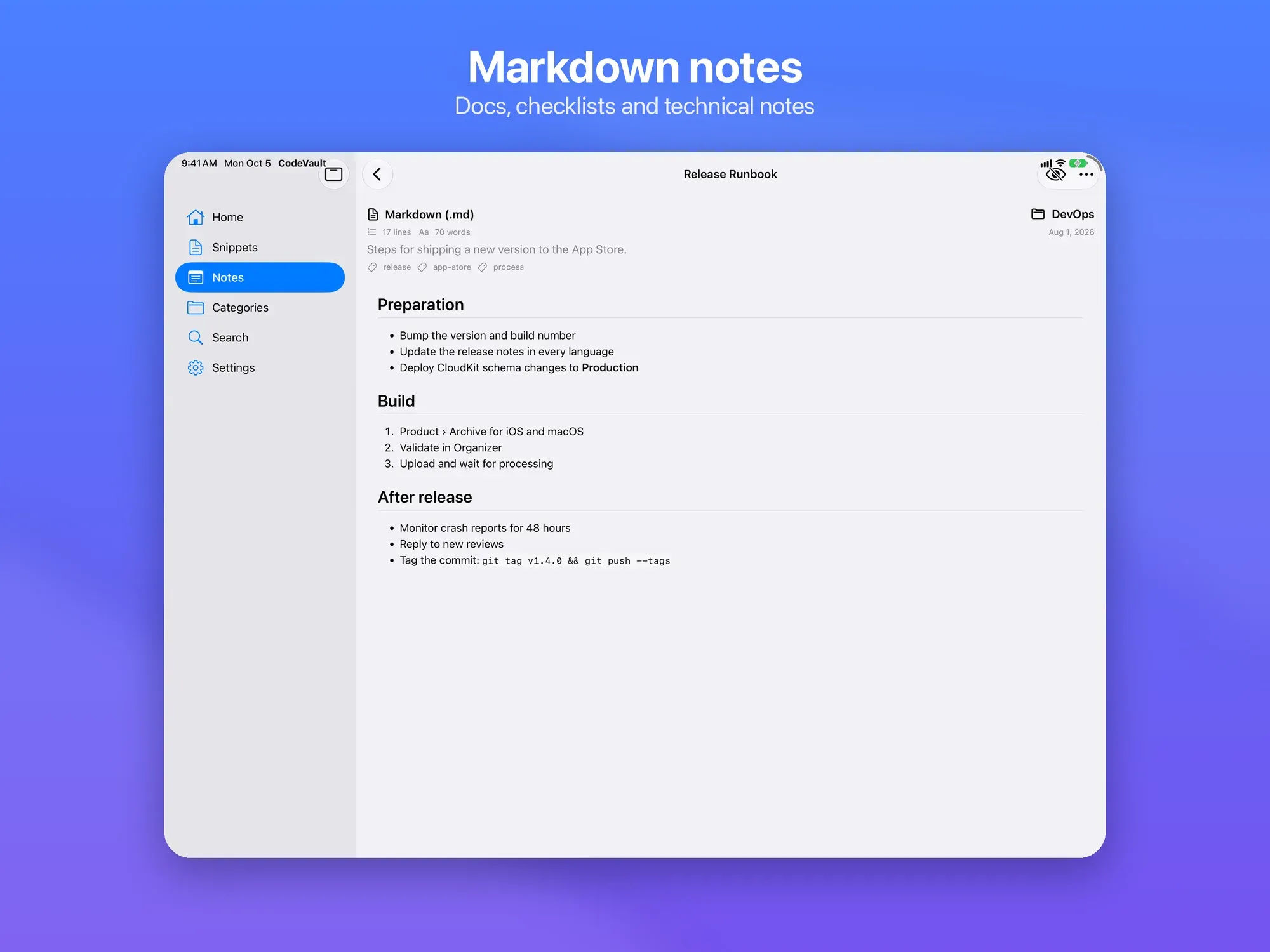 Una nota Markdown con titoli, elenchi e codice