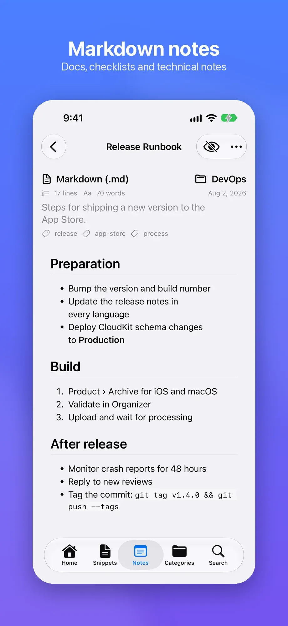 Una nota Markdown con titoli, elenchi e codice
