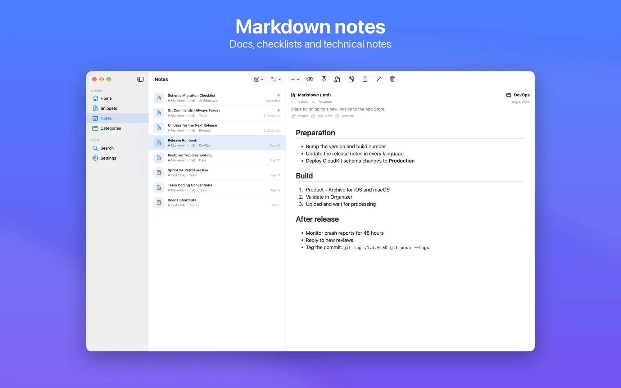 Una nota Markdown con titoli, elenchi e codice