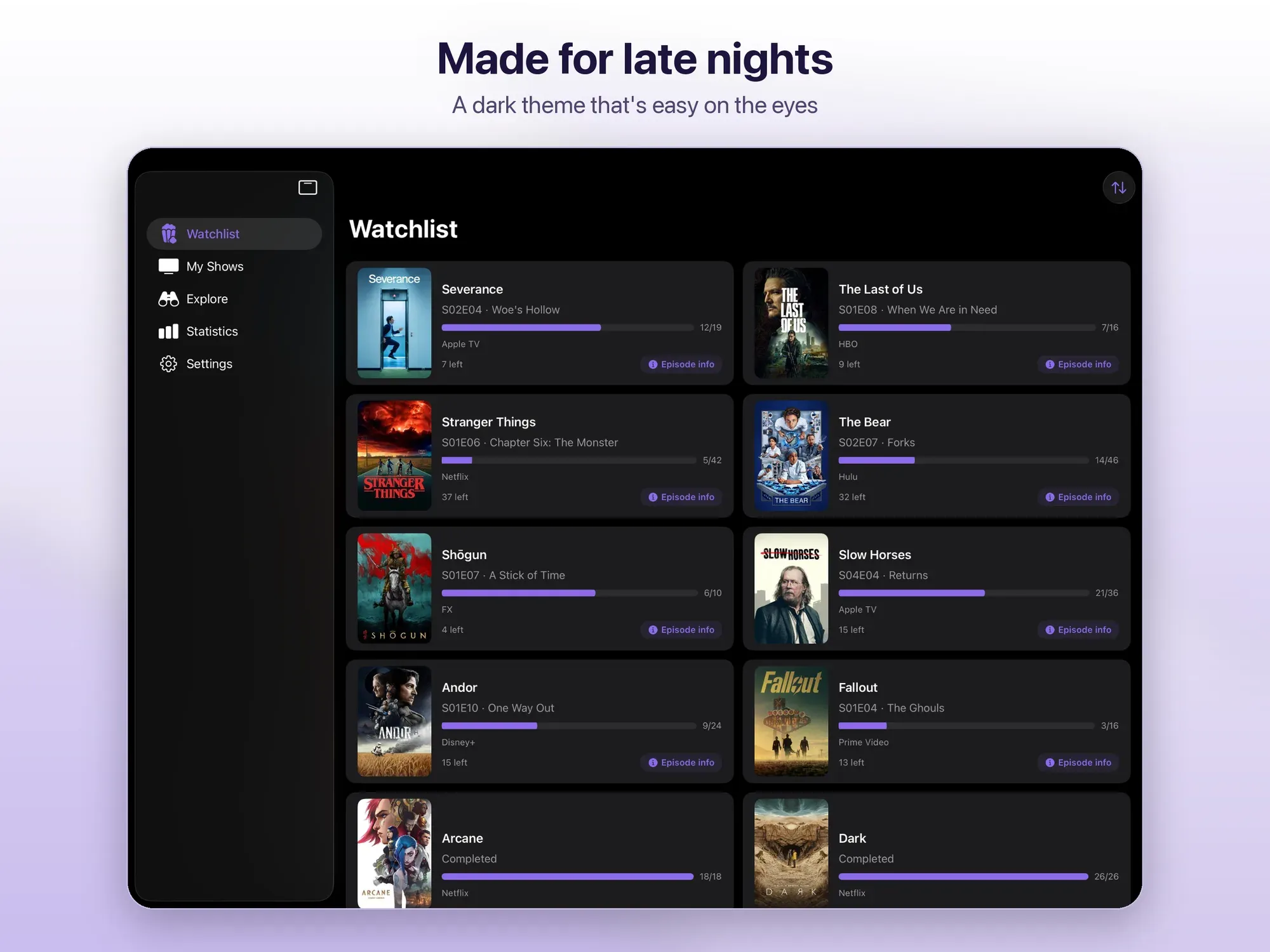 La watchlist con il tema scuro