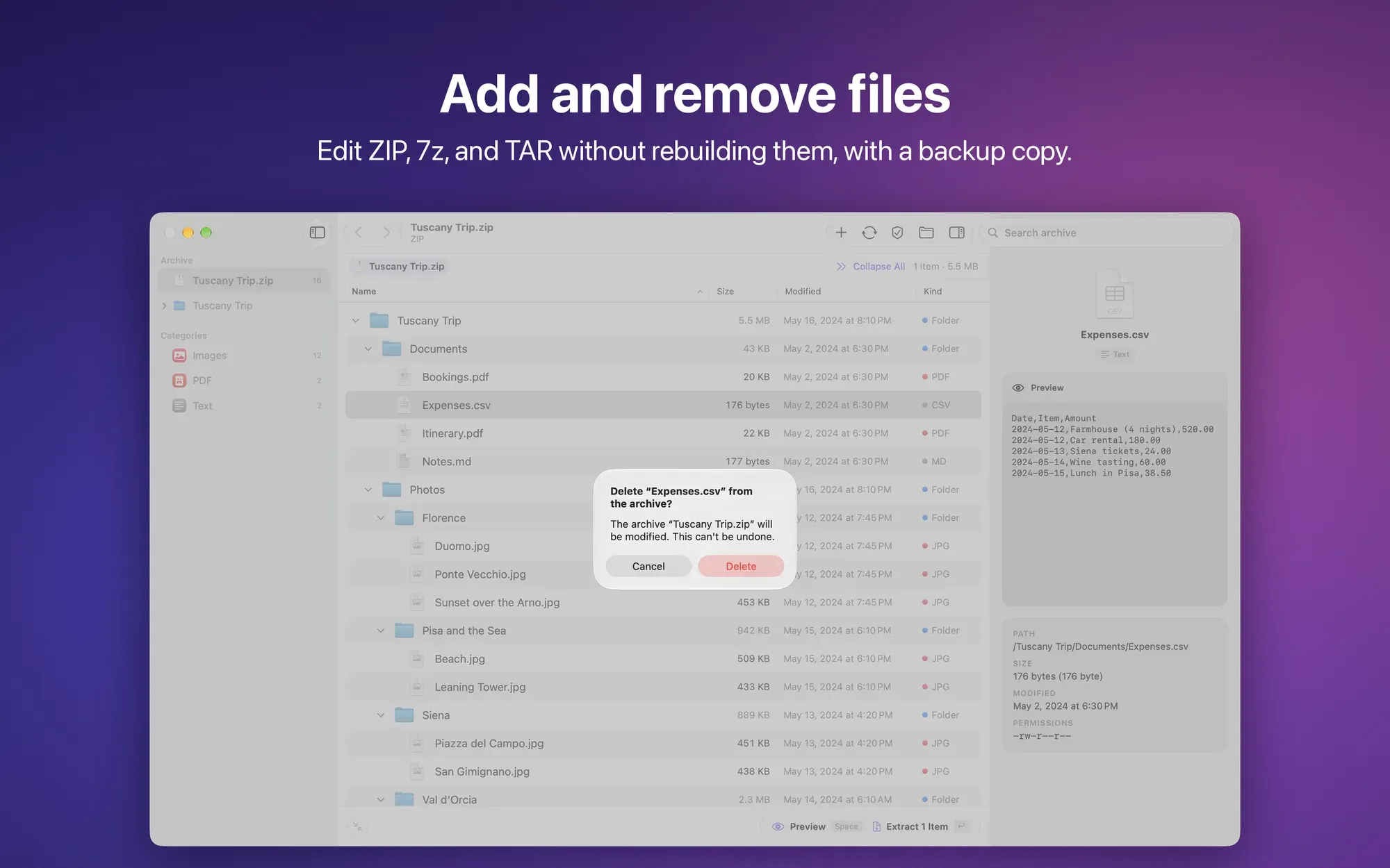 Aggiunta e rimozione di file in un archivio esistente