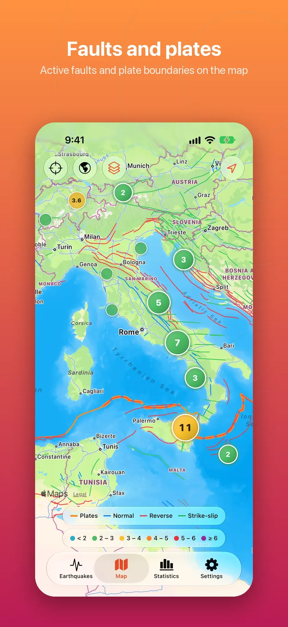 Faglie attive e confini delle placche sulla mappa, con la legenda per tipo