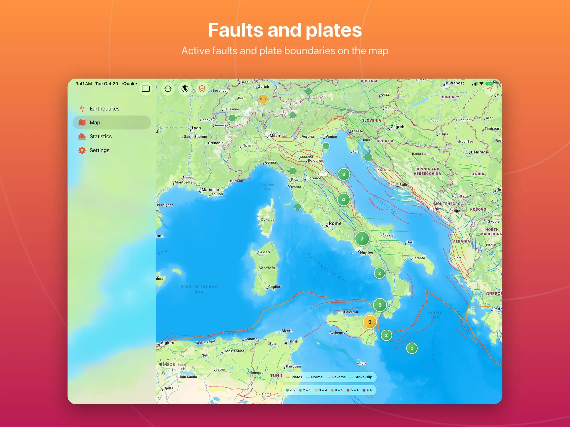 Faglie attive e confini delle placche sulla mappa, con la legenda per tipo