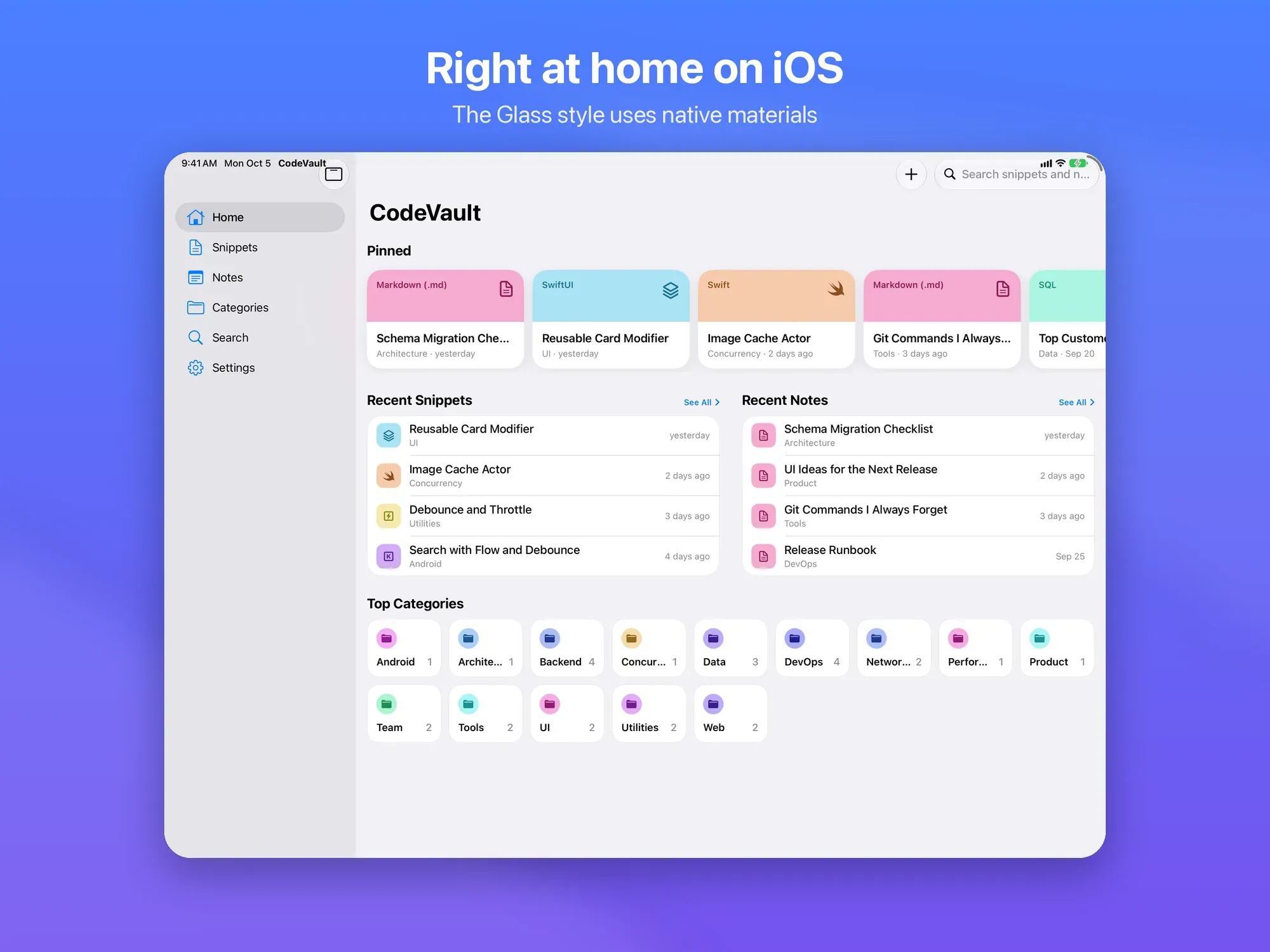 Home in stile Vetro, con le superfici di sistema di iOS