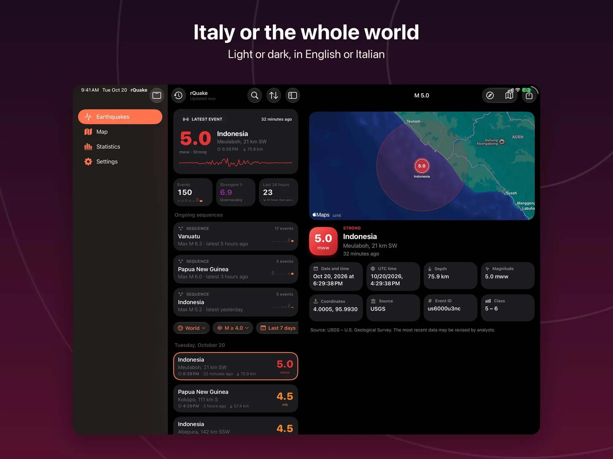 Area Mondo con il tema scuro e le sequenze in corso nel mondo
